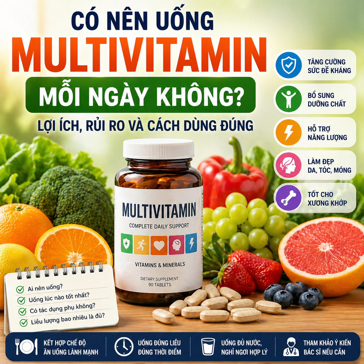 Có nên uống multivitamin mỗi ngày không? Lợi ích, rủi ro và cách dùng đúng