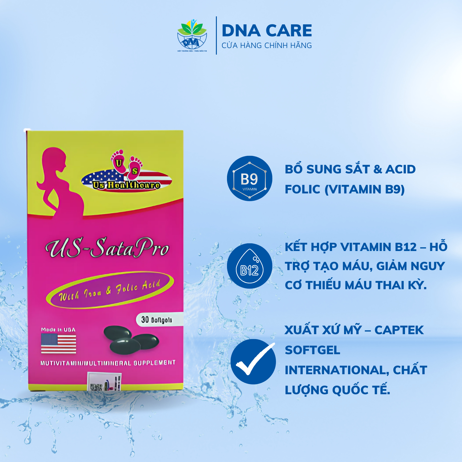 Viên Uống US–SataPro Bổ Sung Sắt Acid Folic  – Hỗ Trợ Phụ Nữ Mang Thai & Sau Sinh